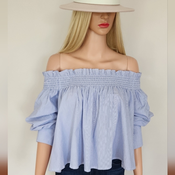 STORETS PINSTRIPE BLUE WHITE SMOCKING OFF THE SHOULDER FLOWY SHIRT TOP ONE SIZE - Picture 8 of 16